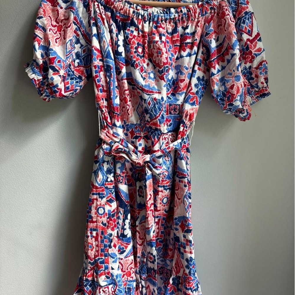 LOFT red, white, and blue abstract geometric print dress with tie waist